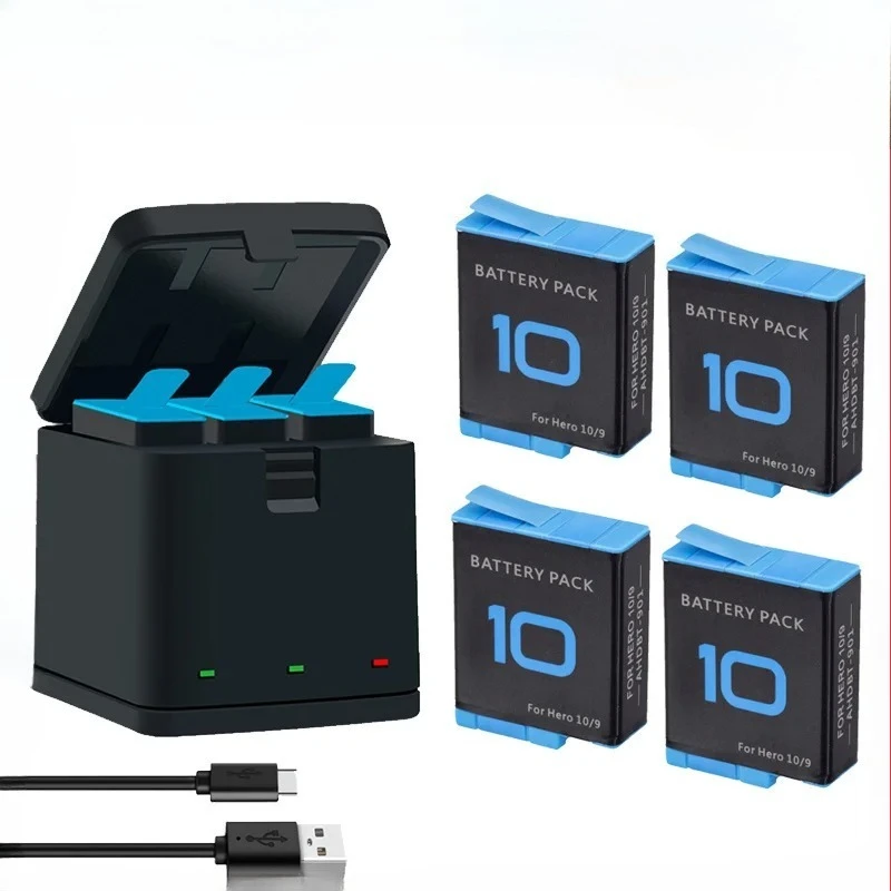 1800mAh Battery For GoPro Hero 10  LED 3-Slots Charger with Type-C Port for GoPro Hero 9 Go Pro 10 Hero 11 Sport Cameras