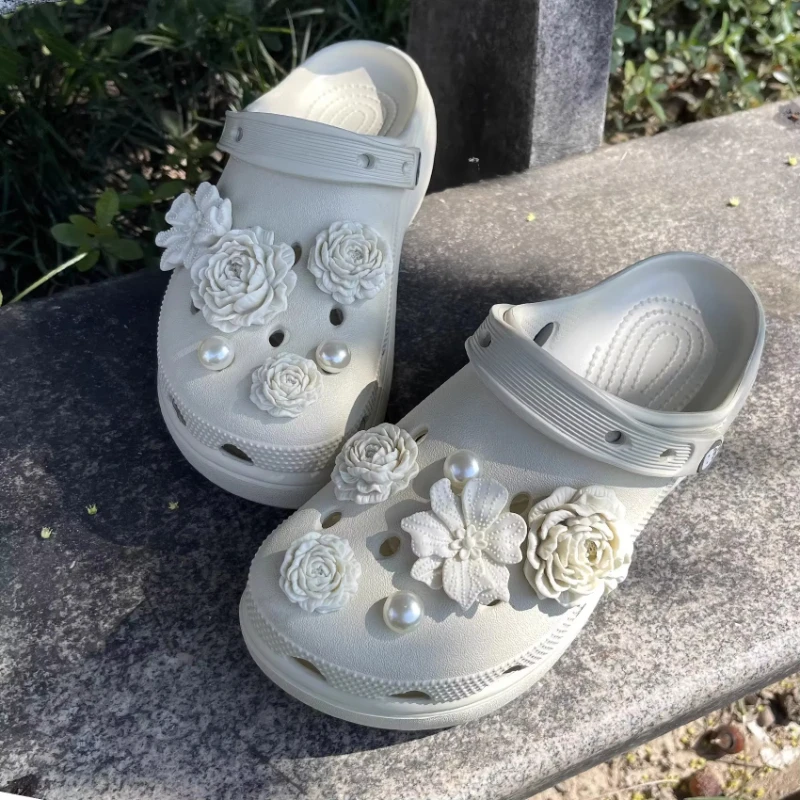 New Pearl Bow Shoe Jibbitz Charms Set Pink Flower Charms DIY Decoration Buckle for Summer Sandals Xmas Party Gifts