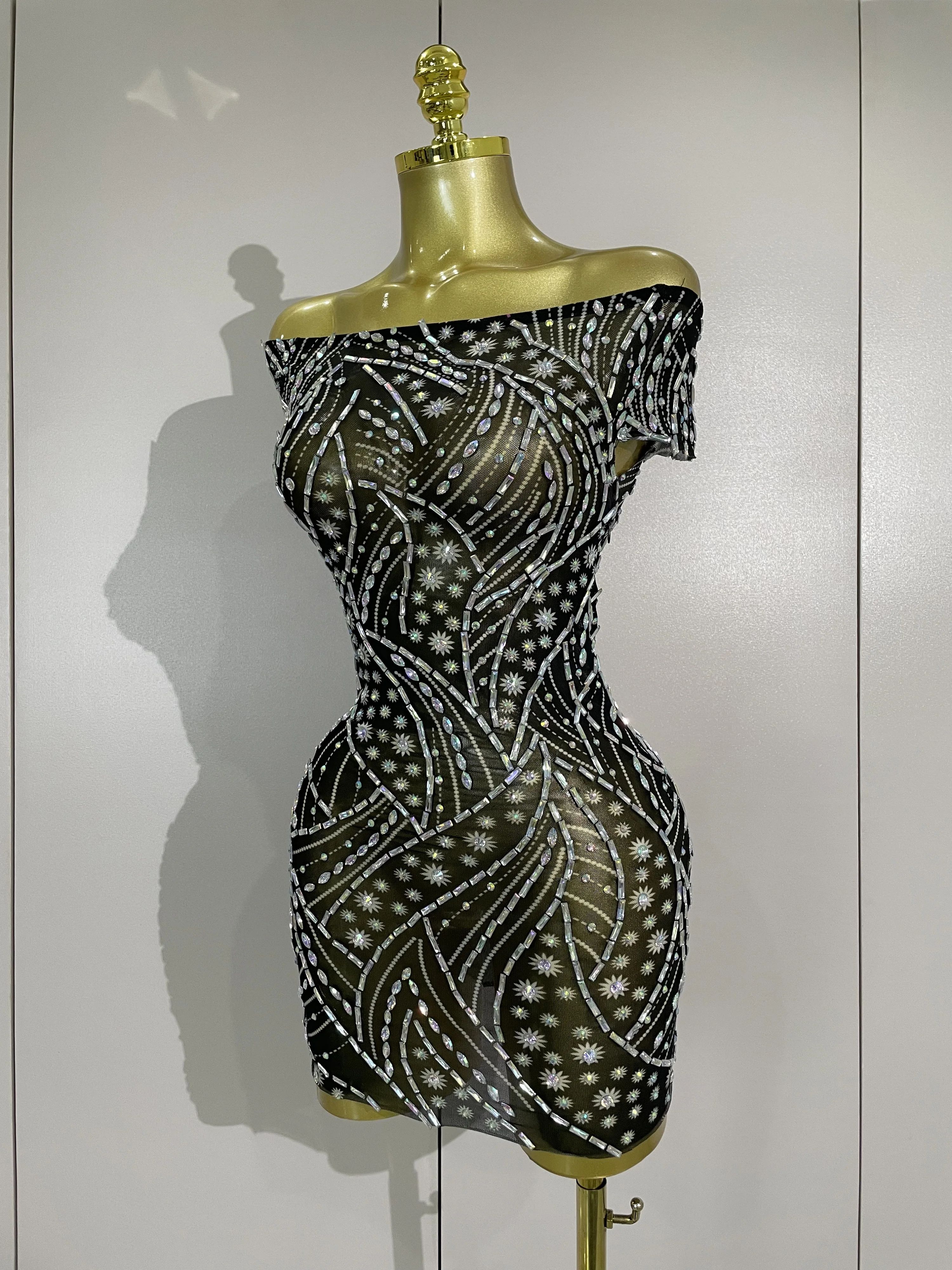 Sparkly Rhinestones Off-The-Shoulder Mesh Sheer Mini Dress Women Eveing Celebrate Birthday Party Sexy Nightclub Stage Costume