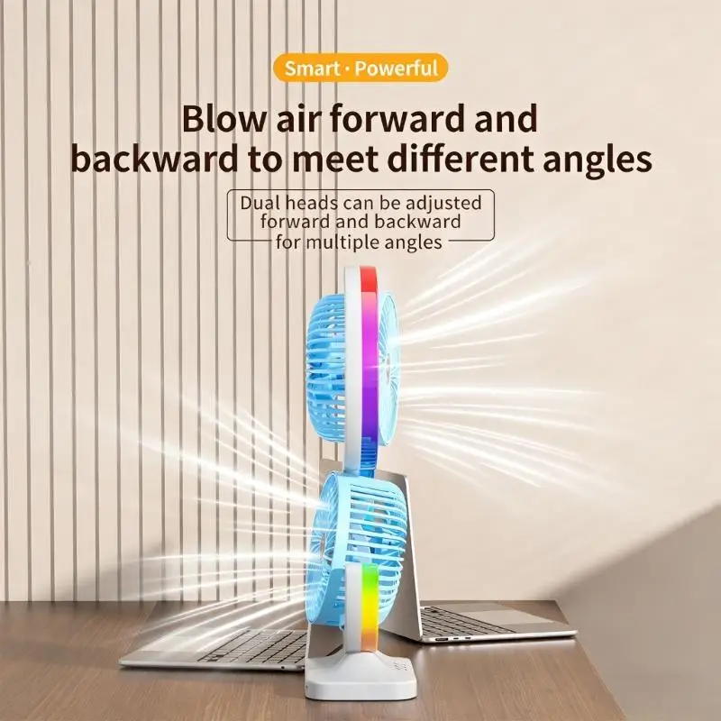 D0AB Innovative S Design Twin Electric Fan With Type C Charging And Multicolor Decorative Lighting
