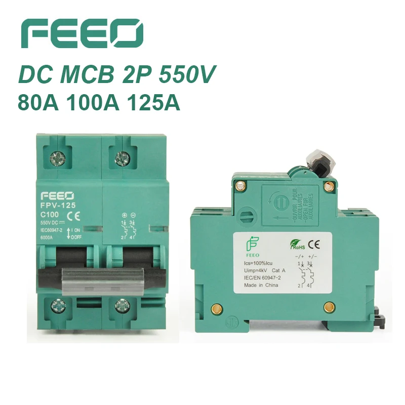 

FEEO 2P 80A 100A 125A DC 550V Circuit Breaker Solar Energy Circuit Breaker FOR PV System C Curve MCB CE Certificate