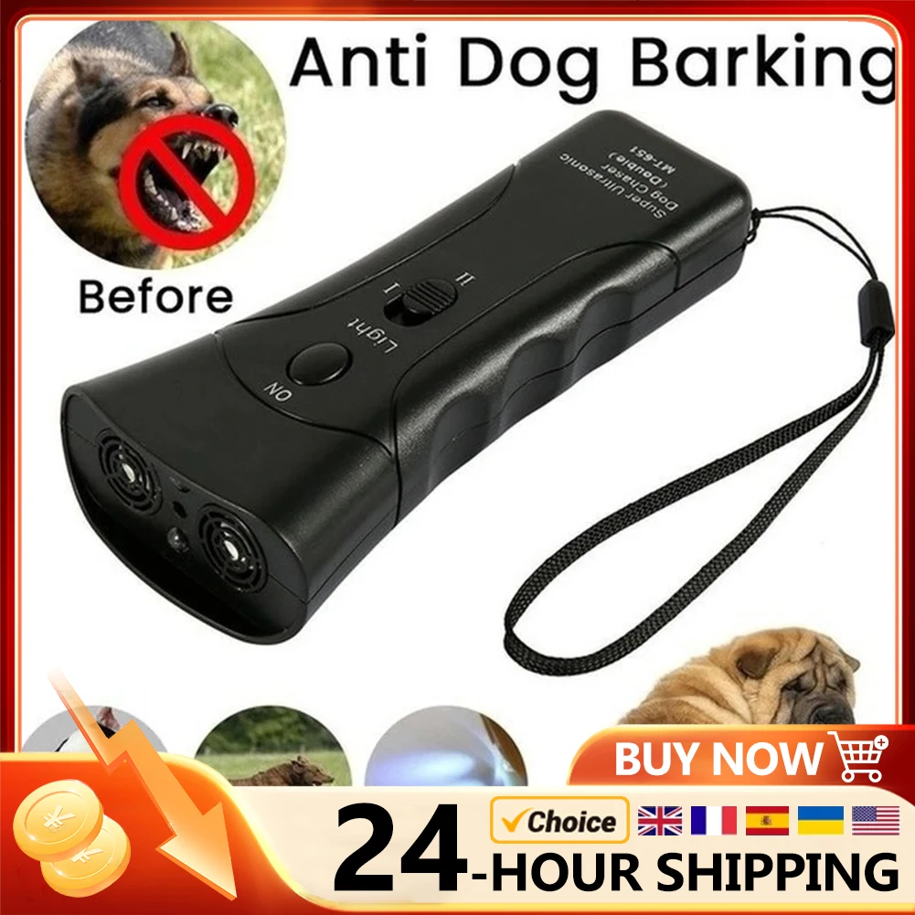 Repelente ultrasónico de ladridos 2 en 1 para perros y mascotas, doble cabeza, linterna LED, portátil, Control antiladridos