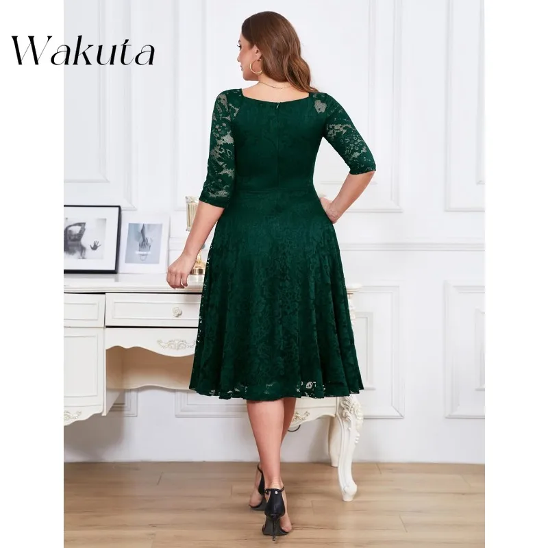 Wakuta Womens Long-Sleeve A-Line Lace Homecoming Bridesmaid Midi Dresses Wedding Guest Formal Party Dresses Mother of The Groom