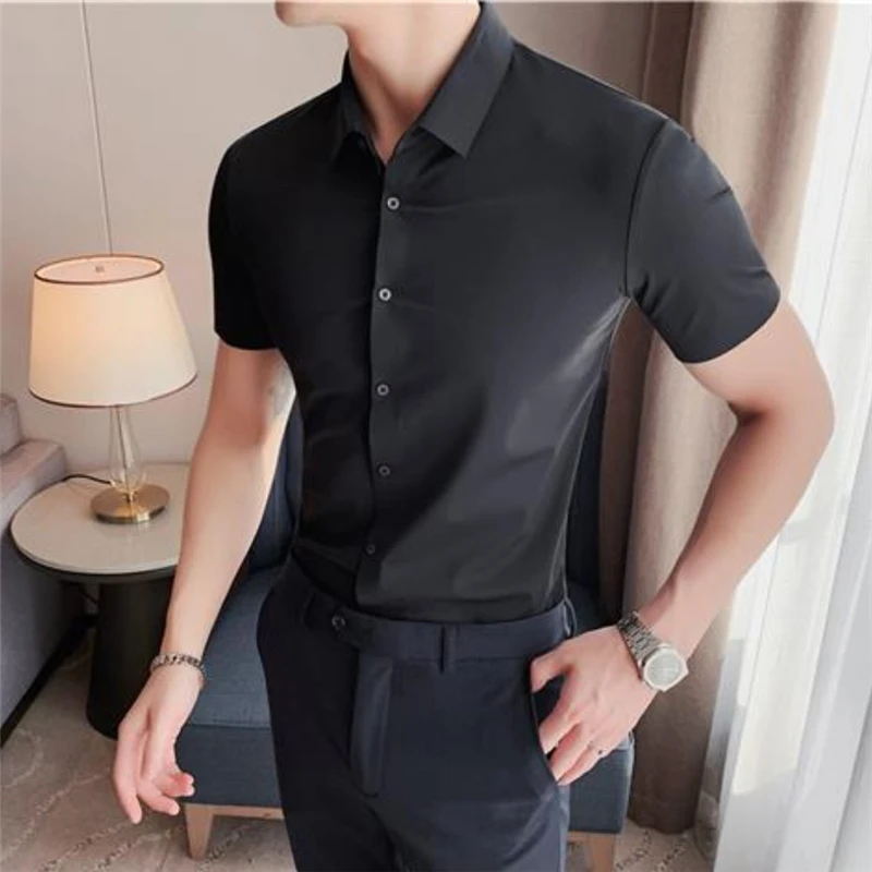 Camisas ajustadas de alta elasticidad para Hombre, Ropa informal de negocios coreana, lisa, sencilla, con cuello vuelto y botones, para primavera y