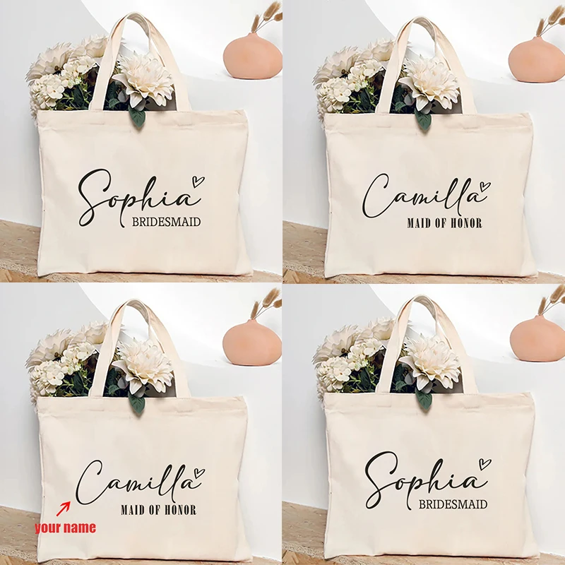 

Maid of Honor Personalized Name Canvas Tote Bag Organizer Bridesmaid Customized Shoulder Bag Large Capacity Handbag Wedding Gift