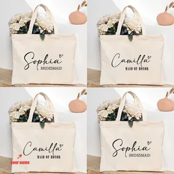 Maid of Honor Personalized Name Canvas Tote Bag Organizer Bridesmaid Customized Shoulder Bag Large Capacity Handbag Wedding Gift