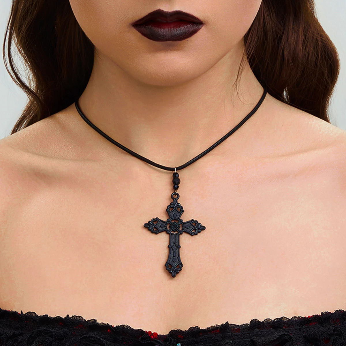 IngeSight.Z Classic Goth Jesus Cross Pendant Necklace for Women Simple Black Leather Wax Thread Chain Choker Halloween Jewelry