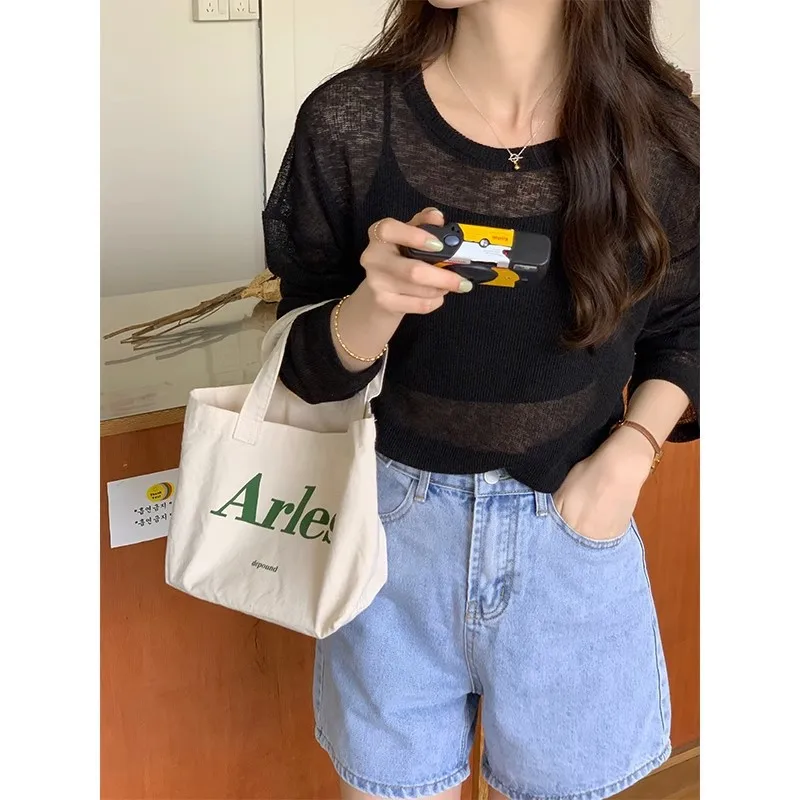 Thin Long Sleeve Sun Protective Blouse Knitted White T-shirt Women's Summer Loose Chic Niche Casual Slimming Top