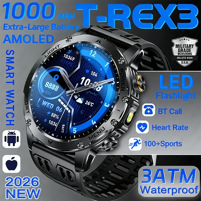 

2026 Открытый Новый аккумулятор 1000 мАч T-Rex 3 Смарт-часы военного класса для мужчин IP69K Водонепроницаемые GPS HD Bluetooth Вызов 100 + спортивные часы