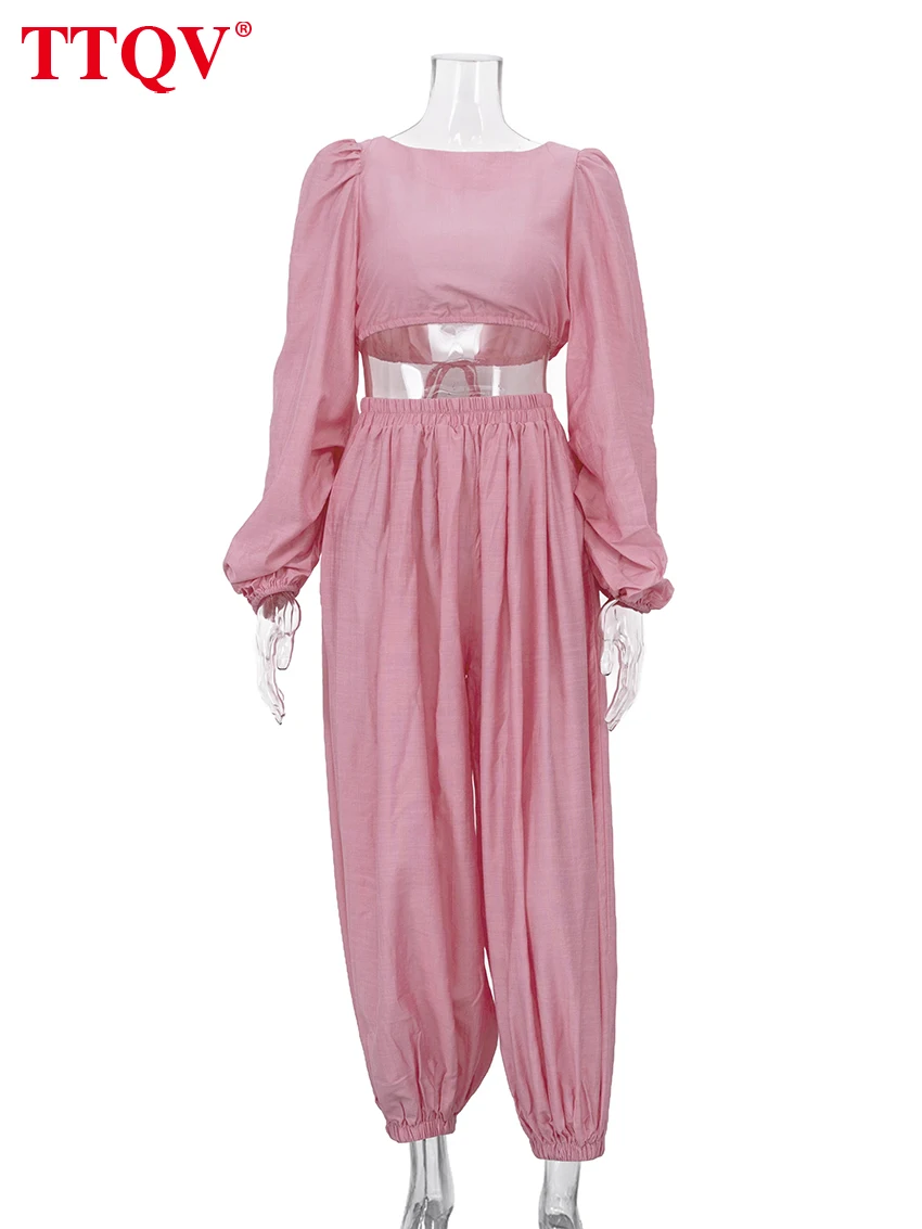 Women's Pink 2-Piece Crop Top & Wide Leg Pants Set