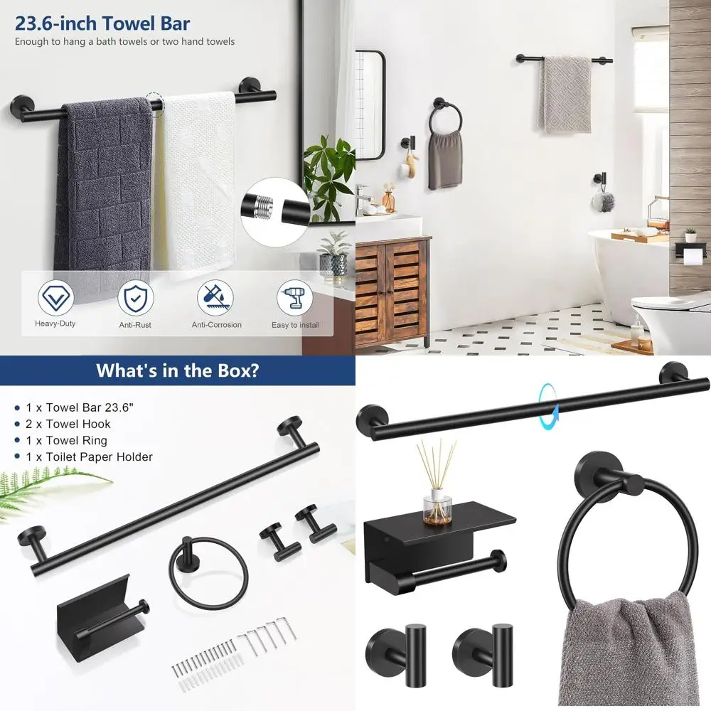 

Matte Black 5-Piece Bathroom Hardware Set with Wall-Mounted Towel Bar, Toilet Paper Holder and Shelf