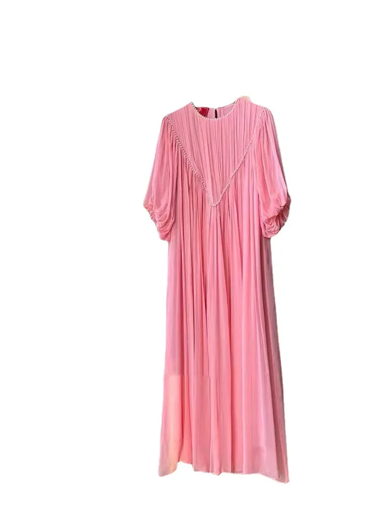 Imagem -05 - Francês Socialite Seaside Holiday Pink Chiffon Dress 2023 Primavera e Verão Novidades Round Neck Manga Curta Frisada Vestido Longo Mulheres