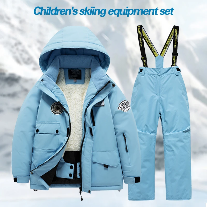 Children\'s ski suit set, girls\' outdoor thick waterproof, windproof, warm, boys\' and babies\' ski clothes and equipment