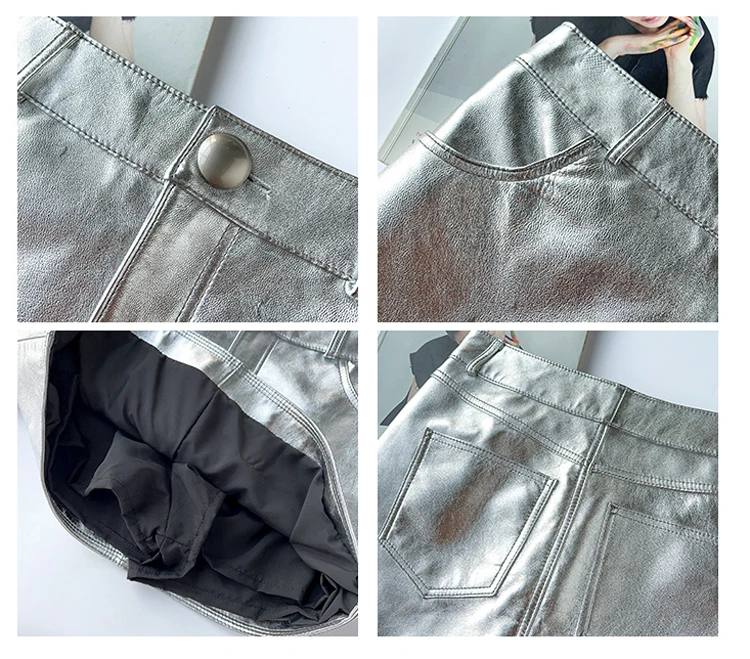 Moda quente mini saia para mulher 2025 high-end metálico prata cor dourada curto saia quente menina couro genuíno y2k rua jupe