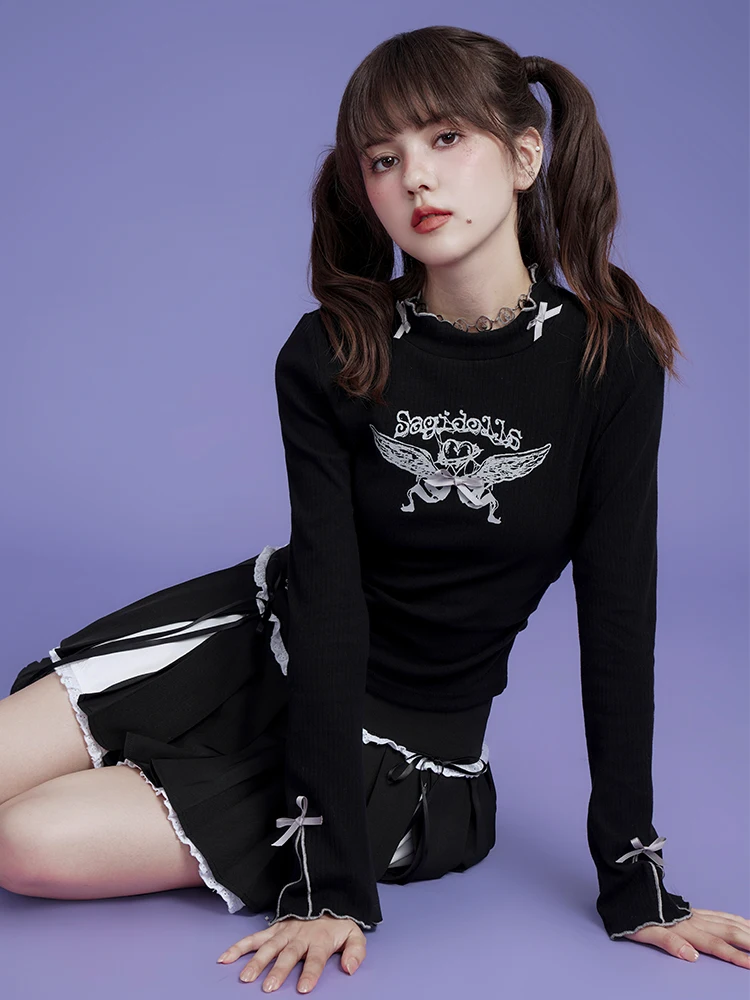 

SagiDolls Dark Sweet Cool Girl Knot Half High Collar Printed Knitted Shirt Base Spring Sweet Style Princess Fit