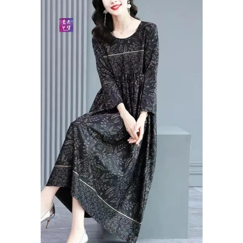 Women's Heavy Mulberry Silk Maxi Dress Long Sleeve Print Elegant Loose Tummy Control Long Dress