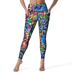 Graffiti Chaos Yoga Pants Pockets Colorful Print Leggings Sexy Push Up Elegant Yoga Sports Tights Stretch Work Out Leggins