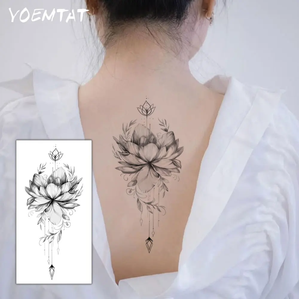 

Waterproof Temporary Tattoo Sticker Black Simple Lotus Henna Flower Geometric Pattern Body Art Arm Fake Tattoos Sleeve Women Men