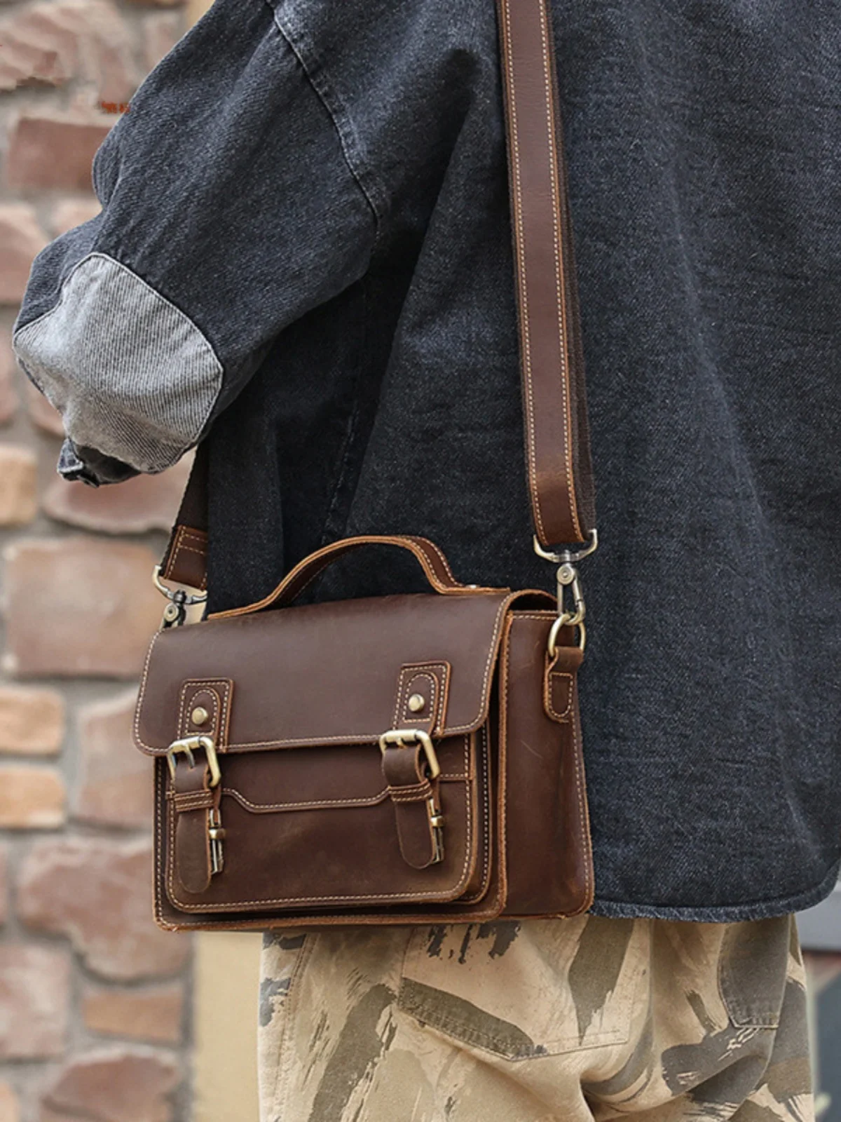 Vintage Style Crazy  Leather Men's Shoulder Bag Top Layer Cowhide Handbag Briefcase Business Casual Crossbody Bag