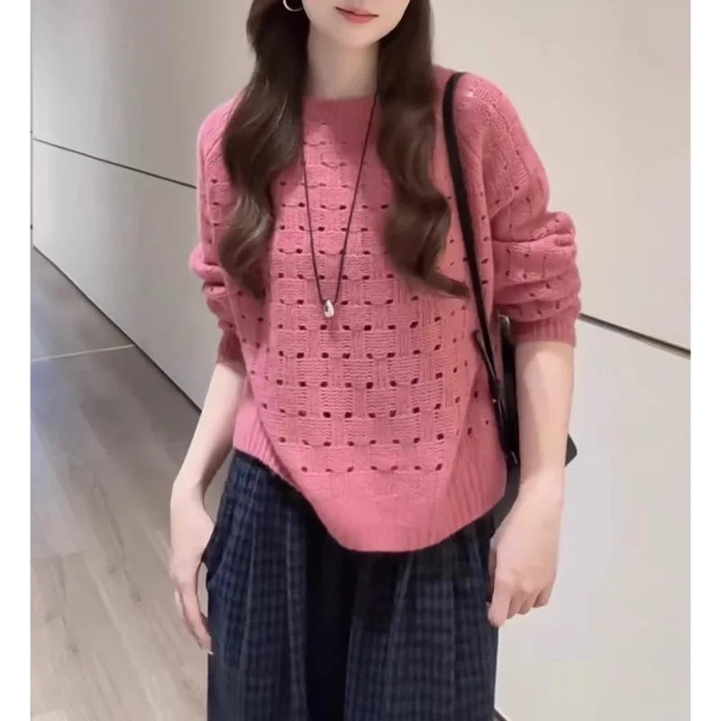 

Womens Early Fall New Korean Style Fashion Hollow Out Crew Neck Knit Top Solid Color Elegant Loose Pullover Versatile Soft