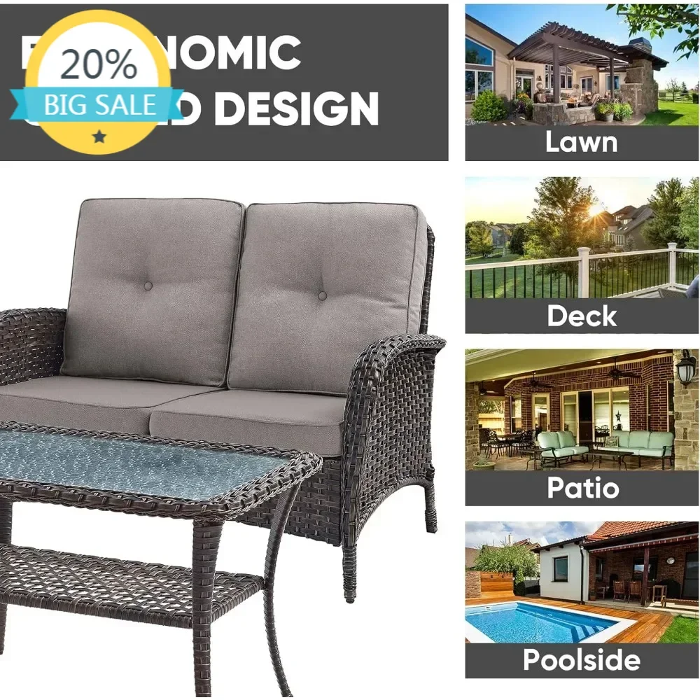 

Бестселлер! Горячие продажи! Уличный диван-софа на 2 места из ротангового плетения с кофейным столиком, глубокое сиденье, высокая спинка, мебель для патио.