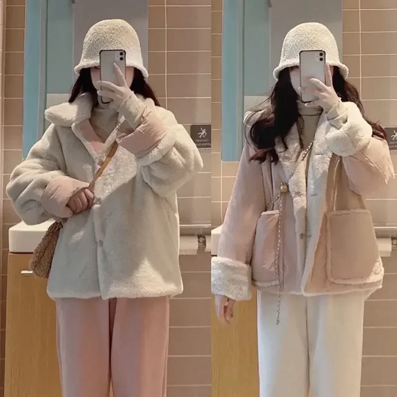 Winter Lambswool Parkas Women Double Side Wear Thick Fleece Coat Female Korean Fashion Cute Preppy Style Single Breasted Jacket