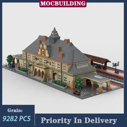 MOC City Street View Neoclassical Train Station Building Model Block Assembly Town Goods Train Parking Lot Collection Toy Gifts