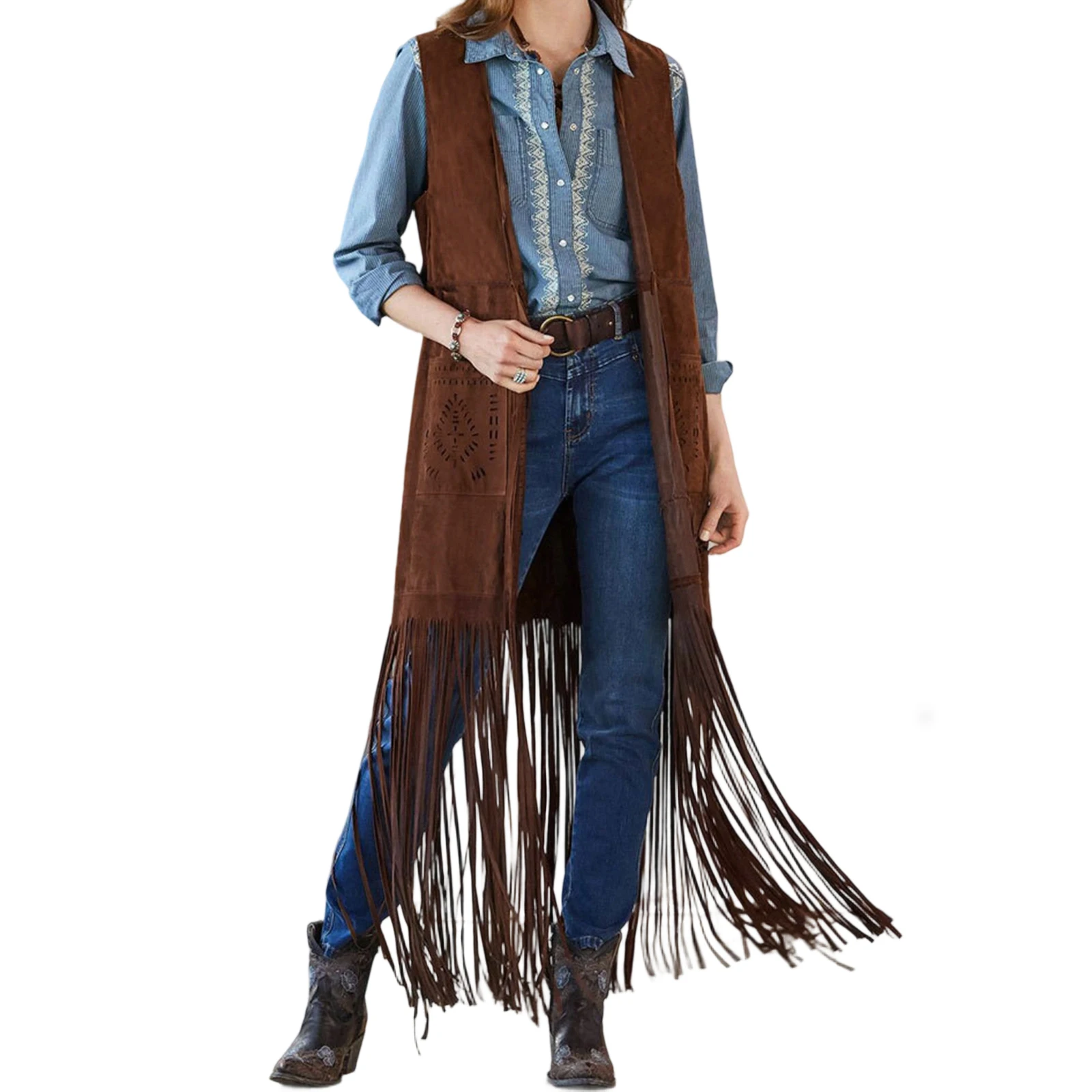 

Модный женский жилет с кисточками, однотонная длинная куртка без рукавов с открытой передней частью и карманами, костюм хиппи, топы, женские пальто, верхняя одежда