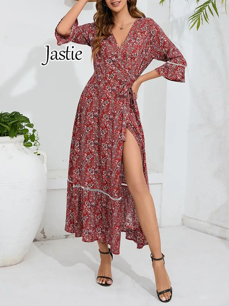 

Jastie 2024 Spring And Autumn New Women's Dress V-neck Strap 3/4 Sleeve Bohemian Style Long Dresses Seaside Beach Vacation Dress