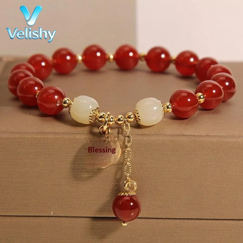 Natural Jade Beads Bracelet 1Pcs Red Gemstone Jewelry Lucky Talisman for Protection and Daily Outfits