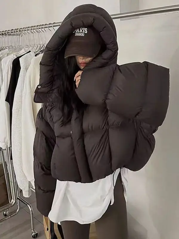 

Trendy Chic Women's down Jaet Hooded Coat Korean Sle Loose Fit Polyester Fabric Thiened Long Sve Zipper Closure