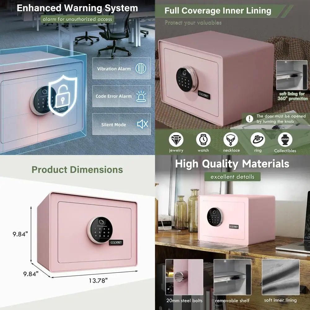 

Сейф премиум-класса с функцией распознавания отпечатков пальцев и кодовой панелью, коробка для хранения документов с бархатной подкладкой, съемные полки, идеально подходит для дома или офиса.