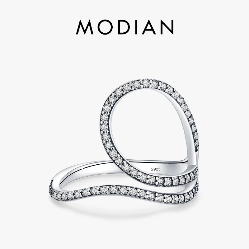 MODIAN Sparkling Clear Cubic Zirconia 925 Sterling Silver Cocktail Rings For Women Vintage Hyperbole Line Design Fine Jewelry