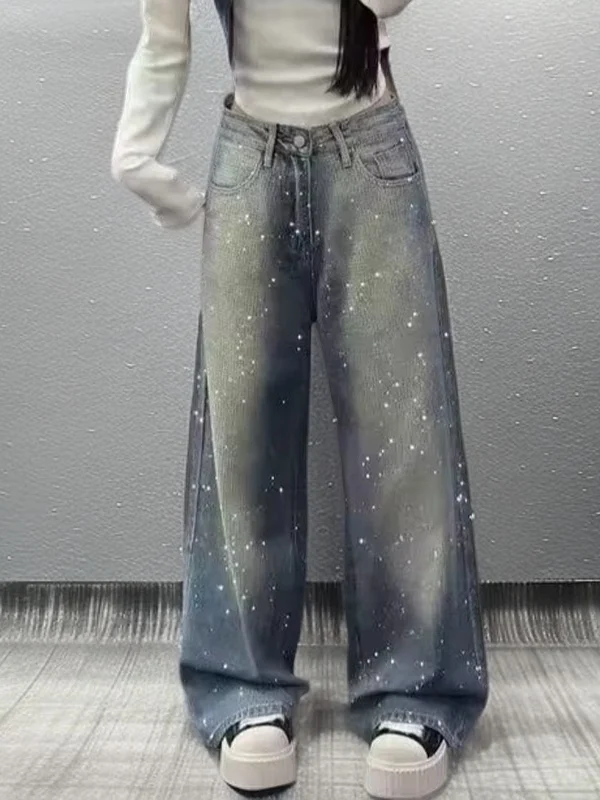 

Spring High Waist Floor-Length Slimming Sequin Denim Pants Wide Leg Casual Sle Adult Blue Jeans for Women 2026 Trendy Stree...