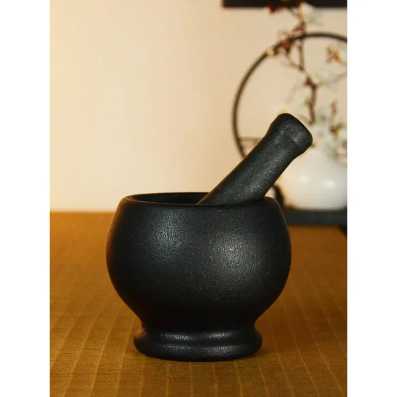 Natural Wujinshi Stone Mortar and Pestle Set for Grinding Garlic Herbs Spices Traditional Manual Kitchen Tool Retro Design
