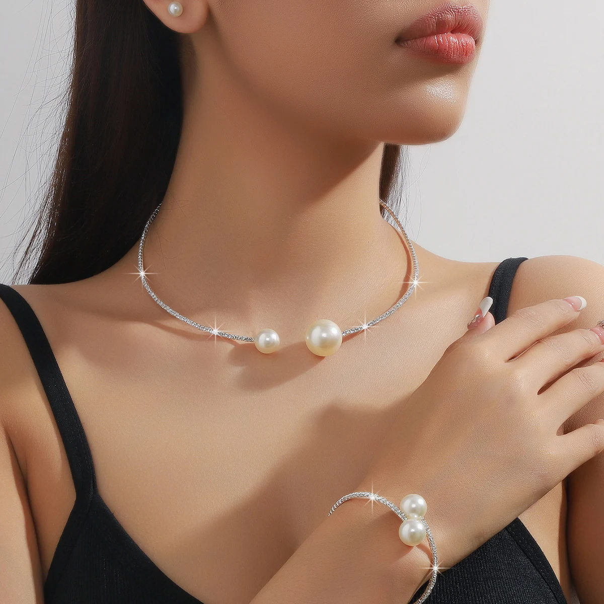 4pcs Women's Jewelry Set Pearl Set Diamond Necklace Bracelet Earrings Set Gorgeous Jewelry-5042