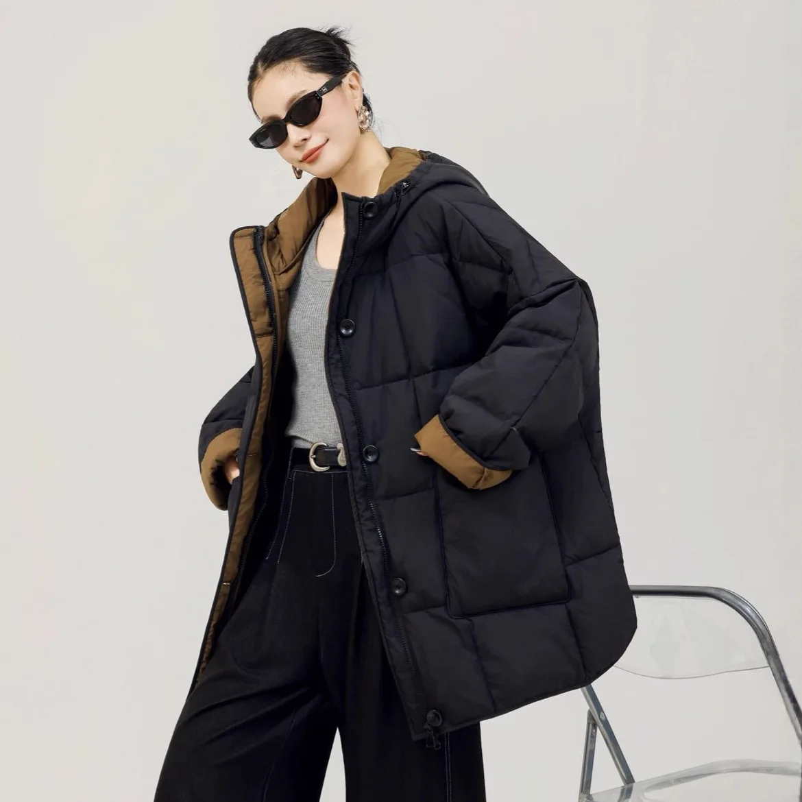 

Winter Hooded Mid Length Retro Down Jacket Women White Duck Down Zipper Parker Outwears Female Thicken Warm Big Pocket Jackets