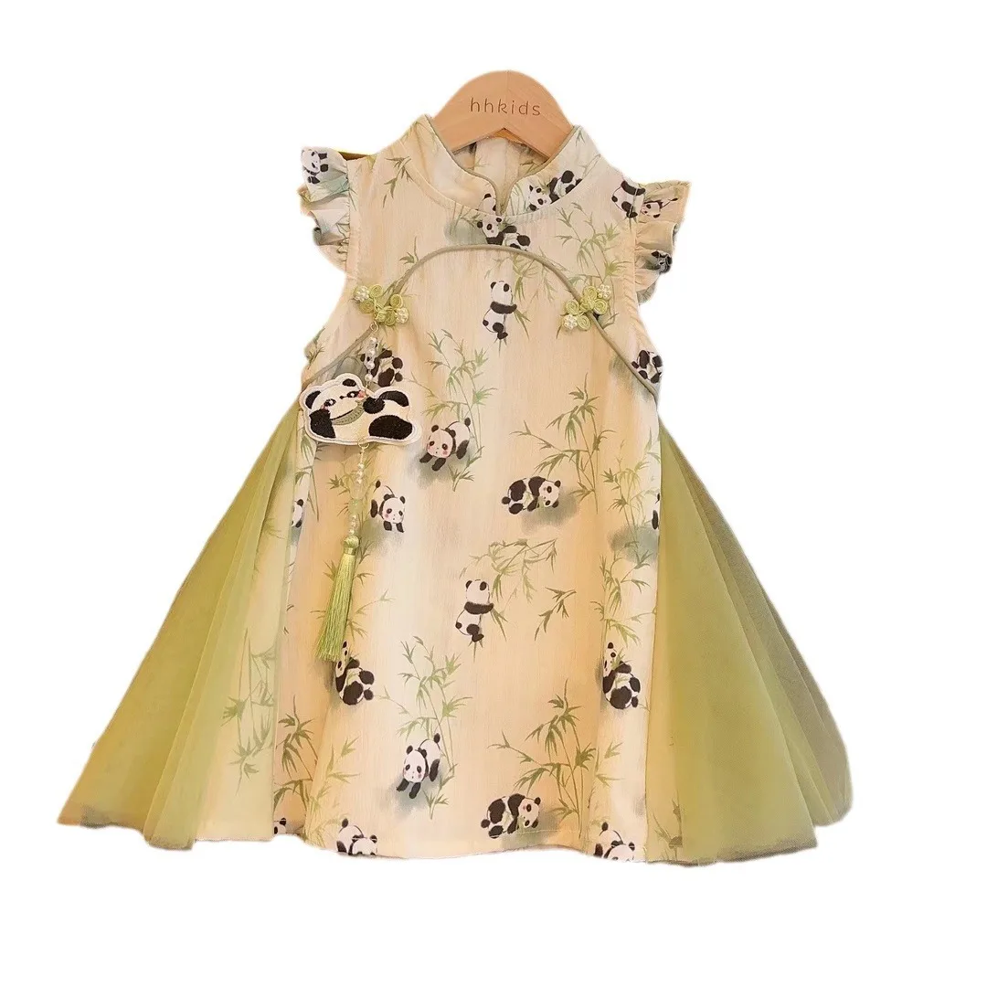 Girls\' Summer Dress 2024 New Baby Chinese Style Cheongsam Dress Little Girls Hanfu Children\'s Mesh Princess Dress
