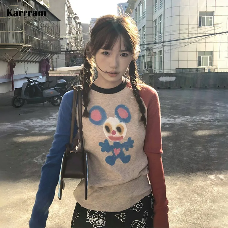 

Karrram Japanese Y2k Knitted Tops Vintage Harajuku Graffiti Print Long Sleeve T-shirt 2000s Aesthetics Ribbed Patchwork Tops 90s