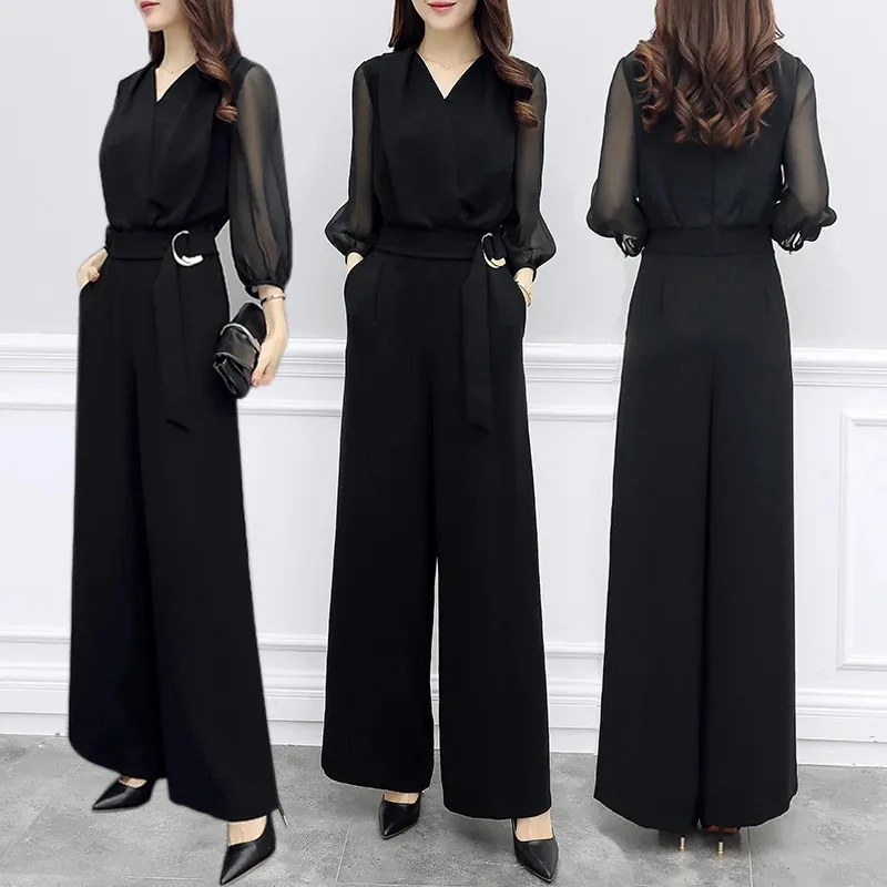 Elegant Chiffon Wide Leg Jumpsuits Women Summer Thin V-Neck Black Bodysuit Three Quarter Sleeves Belt Romper Long Pants Suit