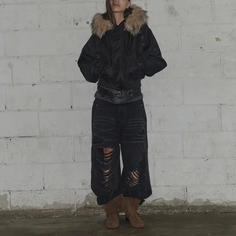 Dark Street Style Women Faux Fur Hood Cropped Winter Parka Eyelet Decor Batwing Sleeve Loose Padded Outer Jacket