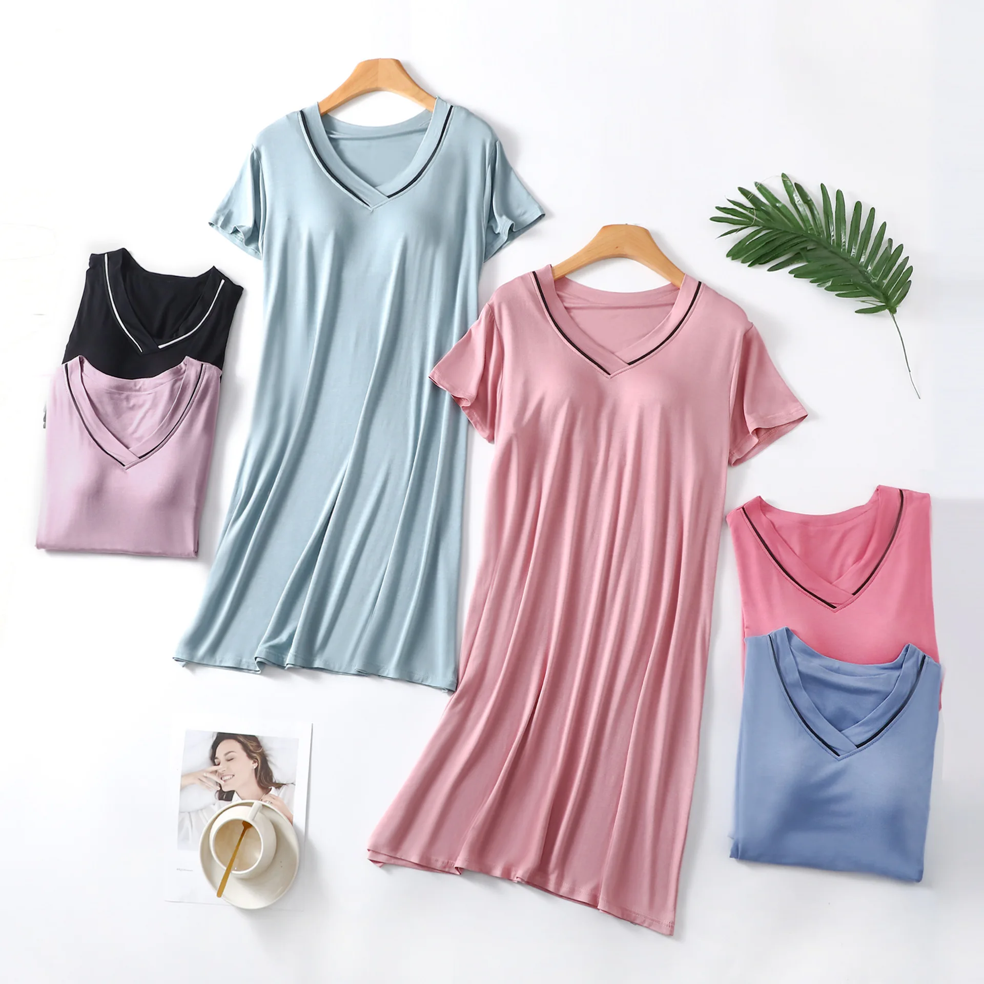 

Summer Women's dress Bra Padded short sleeves Plus size V Neck Tshirt Dresses Homewear sleepdress casual streetwear