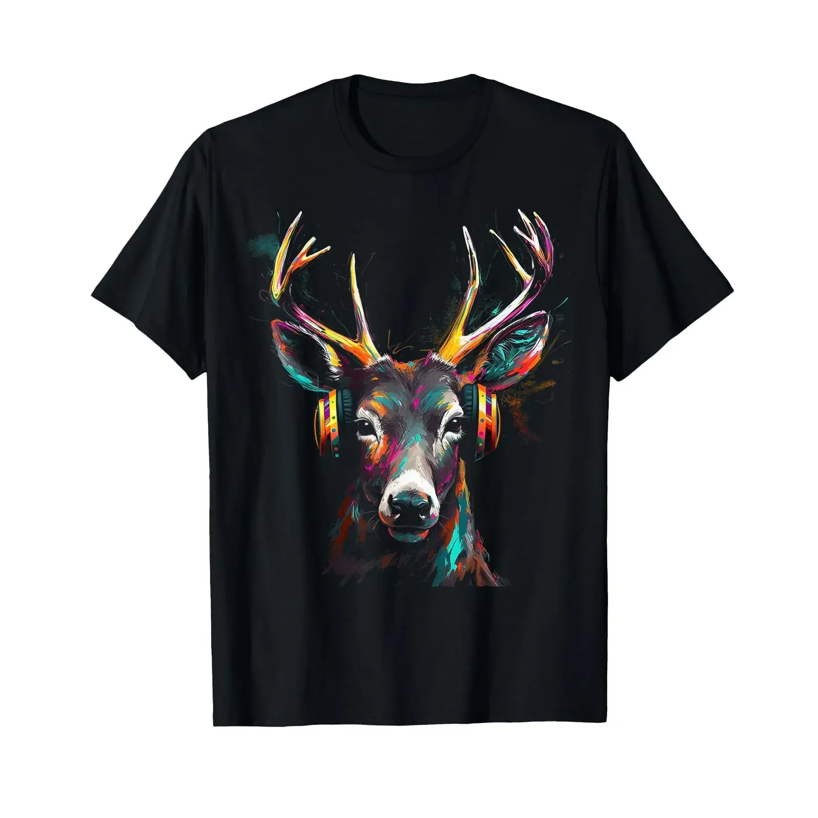 Deer Headphones Artwork Music Animal Motif T Shirt black vintage Washed Unisex homme Casual Stylish streetwear graphic