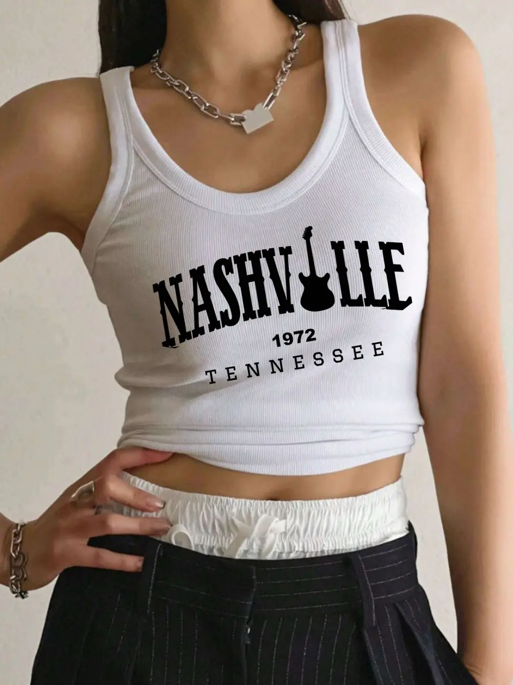 Nashville Tennessee Letter Prints Tank Top Summer Women Sleeveless Tight Ribbed Female Cotton Knit Vest Casual Street Clothing