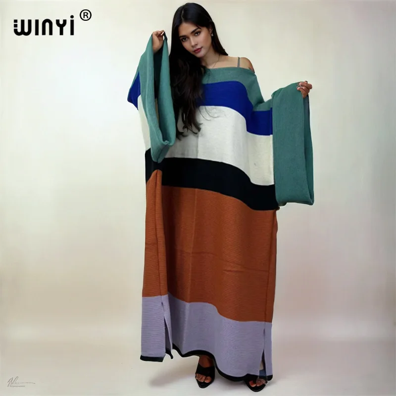 WINYI Color matching design Comfort Warm fashion Caftan Holiday party dress Elegant Africa Boho winter birthday dress for women