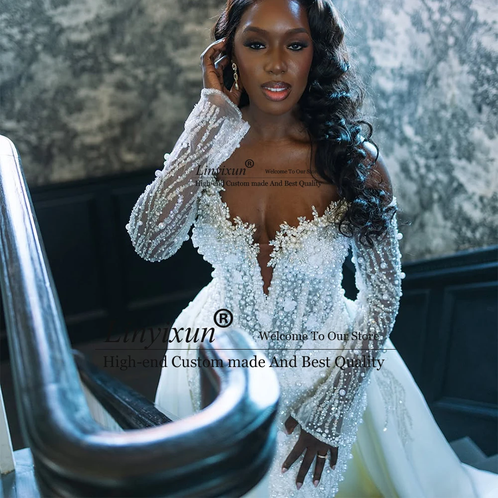 فساتين زفاف عتيقة مزينة بالدانتيل ذيل قابل للانفصال زي العرائس للعروس بأكمام طويلة مخصص hochzeitkleider damen