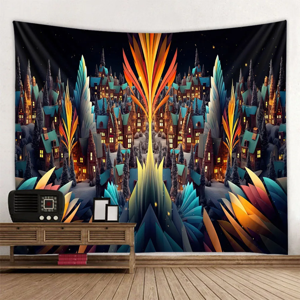 Tapestry colored landscape wall hanging forest snow night sky dreamy landscape background cloth hippie home decoration poster