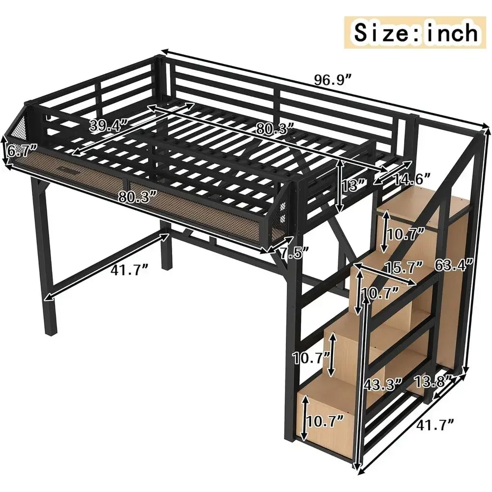 Twin XL Metal Bed with Stairs, Wardrobe, LED Lights, USB Ports for Teens, Black Natural view 2