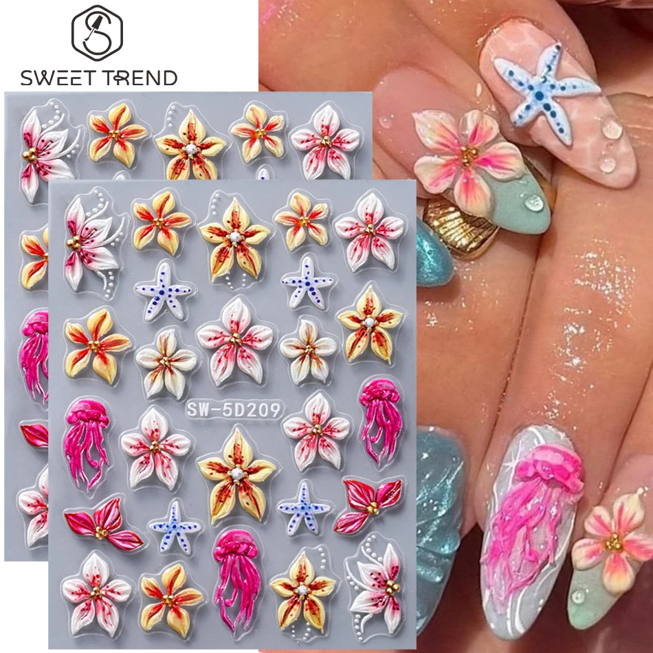 2pcs Embossed Floral Nail Stickers Spring Summer Colorful Lily Petal Starfish Design Adhesive Nail Decal DIY Manicure Decoration
