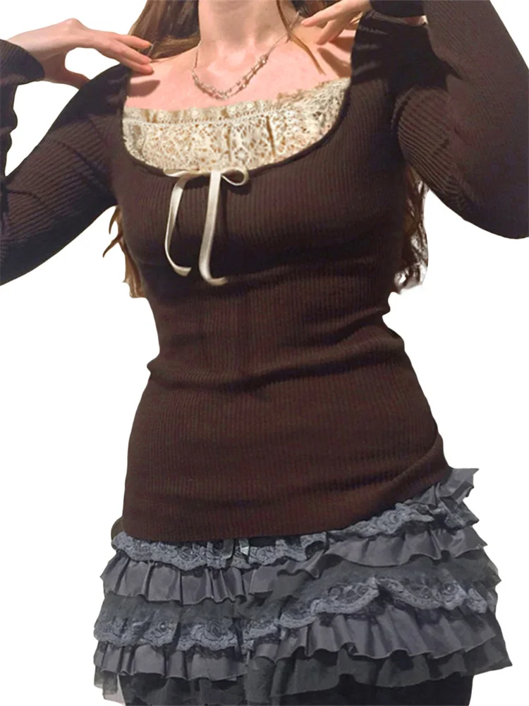 Y2k 여성용 긴 소매 니트 탑 레이스 스티치 넥 라인 니트웨어 Bowknot 장식 슬림 피트 Tshirt 풀오버 Clubwear